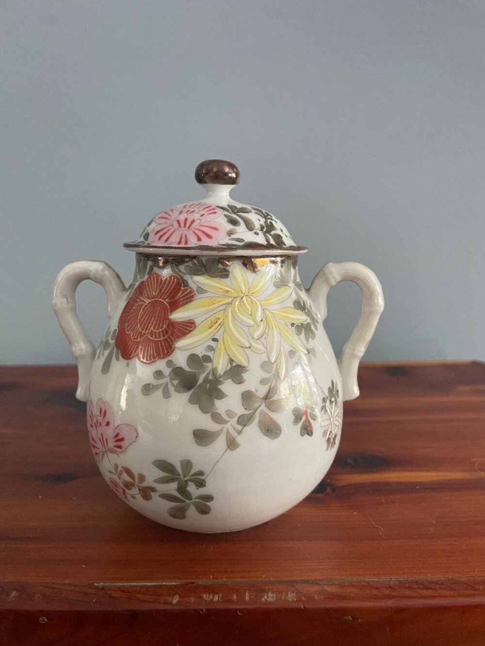 Vintage Asian Lidded Jar Ginger Sugar Bowl Oriental Floral Porcelain Hand Painte